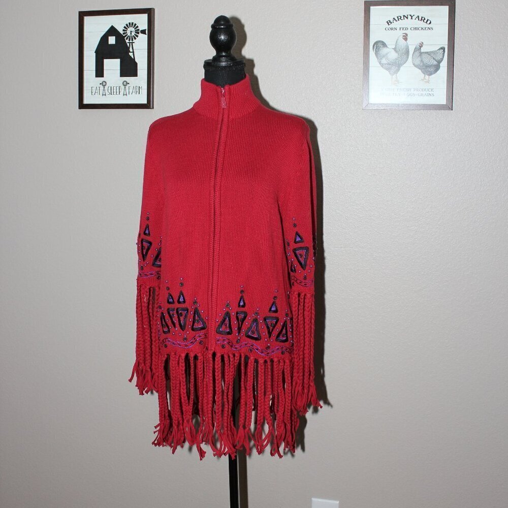 Bob Mackie Wearable Art Womens Pink Sweater Zip Fringe Embroidered Size Medium